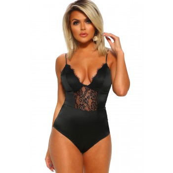 Touch Of Glamour Black Satin Lace Detail Bodysuit